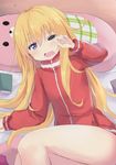  absurdres amano_kouki blonde_hair blue_eyes blush book eyebrows_visible_through_hair gabriel_dropout hair_between_eyes highres jacket long_hair long_sleeves looking_at_viewer lying messy_hair on_side one_eye_closed open_mouth pillow red_jacket sleepy solo striped_jacket tears tenma_gabriel_white track_jacket very_long_hair 