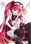  bad_id bad_pixiv_id breasts dress frills hat highres homaderi injection large_syringe long_hair looking_at_viewer medium_breasts nurse_cap open_mouth oversized_object red_eyes red_hair sleeveless solo syringe thighhighs twintails 