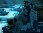  4_toes akitamonster anthro blue_nose breasts canine digitigrade duo ear_piercing featureless_breasts mammal night nipples outside piercing sitting smile toes water waterfall 