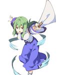  :o blue_skirt blush breasts commentary_request detached_sleeves foreshortening frog_hair_ornament gohei green_eyes green_hair hair_between_eyes hair_ornament hasebe_yuusaku japanese_clothes kochiya_sanae large_breasts leaning_forward long_hair long_skirt long_sleeves looking_at_viewer nontraditional_miko open_mouth outstretched_arms shirt sidelocks skirt snake_hair_ornament solo spread_arms touhou v-shaped_eyebrows white_shirt wide_sleeves 