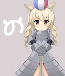  &gt;:( animal_ears armor armored_dress blonde_hair brown_eyes closed_mouth curly_hair frown gauntlets grey_background hands_on_hilt japari_symbol kemono_friends long_hair maccha own_hands_together panties paper_balloon pauldrons red_panties rhinoceros_ears simple_background solo underwear v-shaped_eyebrows white_rhinoceros_(kemono_friends) 