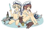  bare_legs bikini bikini_skirt blue_eyes bright_pupils brown_eyes brown_hair enemy_naval_mine_(kantai_collection) food hat kantai_collection light_brown_hair mouth_hold multiple_girls navel oimo_(14sainobba) pleated_skirt popsicle sailor_collar sandals shinkaisei-kan short_hair sitting skirt smile swimsuit wariza white_bikini white_hat white_pupils z1_leberecht_maass_(kantai_collection) z3_max_schultz_(kantai_collection) 