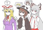  ? bangs black_cape blonde_hair blunt_bangs bow breasts brown_hair cape cape_tug chin_stroking choker collared_shirt commentary_request dress dress_lift elbow_gloves eyebrows_visible_through_hair fedora frilled_dress frills fujiwara_no_mokou gloves hair_between_eyes hair_bow hand_on_own_chin hat hat_bow hat_ribbon head_tilt long_hair long_sleeves looking_afar looking_at_another looking_down maribel_hearn medium_breasts mob_cap multiple_girls pants puffy_short_sleeves puffy_sleeves purple_dress purple_eyes red_pants red_ribbon ribbon ribbon_choker shaded_face shirt short_hair short_sleeves silver_hair simple_background single_sidelock sleeves_rolled_up spoken_person spoken_question_mark suspenders thinking touhou usami_renko usami_sumireko usuaji white_background white_bow white_gloves white_shirt yakumo_yukari 