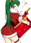  1girl ? absurdres alternate_costume asymmetrical_bangs bangs box earrings fire_emblem fire_emblem:_rekka_no_ken fire_emblem_heroes fur-trimmed_collar fur-trimmed_sleeves fur_trim gloves green_eyes highres jewelry long_hair lyndis_(fire_emblem) nintendo ormille red_gloves santa_costume sketch solo spoken_question_mark thighs twitter_username white_background 