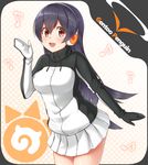  :d black_hair blush breasts brown_eyes character_name cowboy_shot drawstring eighth_note eyebrows_visible_through_hair from_side gentoo_penguin_(kemono_friends) hair_between_eyes headphones japari_symbol kemono_friends leaning_forward long_hair medium_breasts musical_note open_mouth outstretched_arm pleated_skirt skirt smile solo turtleneck very_long_hair watayoshi_(suiiho) white_skirt 