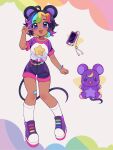  1girl :d ahoge animal_ears animalization arm_at_side black_hair blue_eyes bob_cut boots borrowed_character breasts cellphone clenched_hand colored_bangs colored_inner_hair commission curtained_hair dark-skinned_female dark_skin earphones freckles full_body hand_up happy high-waist_shorts highres looking_at_viewer mouse_(animal) mouse_ears mouse_girl mouse_tail multicolored_hair nekosharpie open_mouth original person_and_animalization phone pink_trim platform_boots print_shirt purple_boots purple_fur purple_shorts raglan_sleeves rainbow_hair second-party_source shirt short_sleeves shorts side_part small_breasts smartphone smile socks solo star_(symbol) star_print tail tied_shirt v white_shirt white_socks 