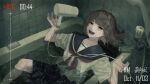  1girl blue_sailor_collar blue_skirt brown_hair commentary_request crying dated hair_dryer highres in_bathtub indoors medium_hair miyaji_illust neckerchief open_mouth original recording red_neckerchief sailor_collar sailor_shirt shirt skirt smile solo streaming_tears tears viewfinder white_shirt 