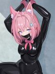  1girl animal_ear_fluff animal_ears antenna_hair arms_up black_bodysuit bodysuit bound bound_wrists commentary_request cuffs gag hair_ornament hairclip hakui_koyori highres hololive improvised_gag latex latex_bodysuit looking_at_viewer pink_hair purple_eyes raftetram shiny_clothes solo tape tape_gag virtual_youtuber 