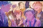  6+boys axel_syrios banzoin_hakka bishounen black_hair blonde_hair blue_eyes blue_hair blush commentary cup curtained_hair drinking_glass earrings eyelashes eyeshadow gavis_bettel gloves green_eyes grey_hair hair_between_eyes happy highres holding holostars holostars_english holotempus jacket jewelry josuiji_shinri letterboxed long_hair long_sleeves looking_at_viewer machina_x_flayon makeup male_focus mechanical_tail medium_hair multicolored_hair multiple_boys necktie official_alternate_costume official_alternate_hairstyle one_eye_closed open_mouth pink_eyes pink_eyeshadow pink_hair ponytail purple_hair red_hair regis_altare riz_tempura shirt short_hair side_part smile spilling streaked_hair tail two-tone_hair upper_body valentine virtual_youtuber white_hair wine_glass 