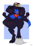 anthro black_body blue_body bobthetanuki dc_comics dinosaur dragged duo fusion hand_on_head hi_res lock_bulge male male/male nomu pecs prehistoric_species reptile scalie superman superman_logo symbol teeth theropod tyrannosaurid tyrannosauroid tyrannosaurus tyrannosaurus_rex