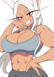  1girl abs absurdres animal_ears bare_arms bare_shoulders blush boku_no_hero_academia breasts collarbone covered_nipples dark-skinned_female dark_skin grey_sports_bra grin hand_on_own_cheek hand_on_own_face hand_on_own_hip harurukan highres large_breasts long_eyelashes long_hair looking_at_viewer mirko navel pants parted_bangs rabbit_ears rabbit_girl red_eyes simple_background smile solo sports_bra stomach sweat toned toned_female very_long_hair white_background white_hair yoga_pants 