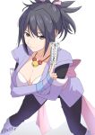  1girl back_bow belt black_hair black_pants bow breasts cleavage closed_mouth collarbone commentary_request detached_sleeves feet_out_of_frame fujibayashi_sheena grey_eyes hair_ornament high_ponytail holding holding_paper japanese_clothes jewelry kimono large_breasts long_hair looking_at_viewer mori_heichi motoyui necklace ninja ofuda pants paper pink_bow pink_sash ponytail purple_kimono purple_sleeves sash smile solo spiked_hair tales_of_(series) tales_of_symphonia talisman white_background 