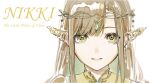  1girl blunt_bangs brown_hair chinese_commentary circlet collared_shirt colored_eyelashes commentary_request copyright_name earrings english_text eyes_visible_through_hair fake_pointy_ears gem gold_circlet green_gemstone happy highres infinity_nikki jewelry lips long_hair nikki_(series) open_mouth qianyimuthyimu shirt sidelocks simple_background smile solo sparkle straight-on tassel tassel_earrings teeth upper_body upper_teeth_only white_background yellow_eyes yellow_shirt 
