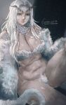  1girl absurdres breasts cleavage closed_mouth curtained_hair curvy dark_souls_(series) dark_souls_i dated dragon_girl exobelos fluffy fluffy_tail giant giantess green_eyes hand_on_own_knee highres in-universe_location knee_up large_breasts long_hair monster_girl priscilla_the_crossbreed pubic_hair sidelocks signature sitting slit_pupils solo stomach sweat tail white_hair 
