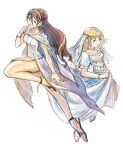  2girls blonde_hair brown_hair cape commentary_request dress green_eyes hair_between_eyes highres looking_at_viewer multiple_girls octopath_traveler octopath_traveler_i official_alternate_costume ophilia_clement primrose_azelhart qqqqqli side_slit simple_background slippers white_background white_cape white_dress 