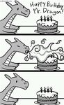  2012 birthday birthday_cake blowing cake candle comic dragon english_text eyes_closed fire food happy_birthday humor michael_perrotta monochrome plate scalie smile solo table text 