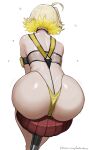  1girl absurdres aelion_draws ahoge ass blonde_hair clothing_cutout elegg_(boom_and_shock)_(nikke) from_behind goddess_of_victory:_nikke highres multicolored_hair official_alternate_costume on_stool paid_reward_available patreon_username short_hair slingshot_swimsuit solo swimsuit two-tone_hair white_background yellow_slingshot_swimsuit 
