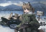  absurdres animal_ear_fluff animal_ears battle_rifle black_gloves blush brown_eyes brown_hair coat english_text fang fox fox_ears fox_girl fox_tail gloves green_coat gun hair_between_eyes highres holding holding_gun holding_weapon hood hood_down hooded_coat long_hair long_sleeves m14 m21 magazine_(weapon) military_jeep motor_vehicle open_mouth original outdoors ponytail rifle sidelocks snow tail weapon winter yihan_world 