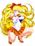  1girl aino_minako bishoujo_senshi_sailor_moon blonde_hair blue_eyes bow bowtie choker covered_navel crescent_beam elbow_gloves full_body gloves high_heels highres legs long_hair miniskirt orange_choker orange_hair orange_sailor_collar orange_skirt pirochi pleated_skirt pointing pump red_bow red_bowtie sailor_collar sailor_senshi sailor_senshi_uniform sailor_venus simple_background skirt solo squatting very_long_hair white_background white_gloves 