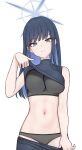  1girl absurdres blue_archive blue_eyes blue_hair blue_halo blue_pants blue_shirt breasts clothes_lift clothes_pull colored_inner_hair commentary_request covered_nipples cowboy_shot grey_panties grey_sports_bra halo highres large_breasts lifting_own_clothes long_hair looking_at_viewer lpb multicolored_hair navel panties pants pants_pull parted_lips pulling_own_clothes saori_(blue_archive) shirt shirt_lift simple_background solo sports_bra stomach underwear white_background 