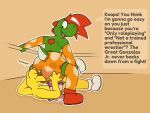anthro arm_warmers armwear blush clothing diaper duo english_text erection erection_in_diaper facesitting fighting_ring hi_res koopa koops latex leg_warmers legwear male male/male mario_bros moopleplush nintendo paper_mario scalie sitting_on_another text the_great_gonzales_jr wrestling yoshi