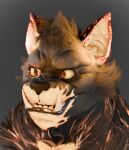 3d_(artwork) anthro bared_teeth black_body black_fur blender_(artwork) bust_portrait canid canid_demon canine demon digital_media_(artwork) fire fire_on_body fur headshot_portrait hellhound hi_res iglooder male mammal mythological_canine mythological_creature mythology portrait simple_background solo