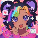  1girl :3 ahoge akiko_141 animal_ear_piercing animal_ears arrow_through_heart bear_ears black_hair blinky_(pac-man) blonde_hair blue_eyes blue_hair bob_cut borrowed_character clenched_hand colored_bangs colored_inner_hair commission curtained_hair dark-skinned_female dark_skin earrings flower_symbol freckles green_hair halftone halftone_background hand_up happy heart heart_in_eye highres jewelry light_blush long_sleeves looking_ahead multicolored_hair open_mouth orange_hair original pac-man pink_background pink_hair pink_trim portrait purple_hair purple_sweater reblog_icon red_hair second-party_source side_part sleeves_past_wrists solo sparkle spoken_heart star_(symbol) star_earrings star_in_eye sweater symbol_in_eye unfinished 