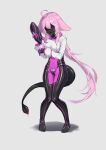  1girl absurdres ahoge animal_ear_fluff animal_ears bodysuit breasts covered_navel full_body gag gag_under_mask highres jacket large_breasts latex latex_bodysuit long_hair mask mask_gag noe_rovinj original pink_hair solo standing tail ungagged very_long_hair xiongmao 