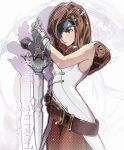  1girl bare_shoulders beatrix_(ff9) belt belt_buckle brown_eyes brown_hair brown_pantyhose buckle closed_mouth cofffee cowboy_shot curly_hair eyepatch final_fantasy final_fantasy_ix gauntlets holding holding_sword holding_weapon jacket lips long_hair loose_belt pantyhose pink_lips sleeveless sleeveless_jacket solo sword weapon white_jacket 