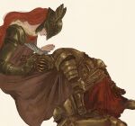  2girls amputee armor brown_dress cape cleanrot_knight_finlay covered_eyes covered_face dress elden_ring english_commentary etruski from_side full_armor fur-trimmed_cape fur_trim gold_armor helmet helmet_over_eyes highres kneeling lap_pillow malenia_blade_of_miquella mechanical_arms multiple_girls parted_lips plate_armor prosthesis prosthetic_arm red_cape red_hair triple_amputee white_background winged_helmet 