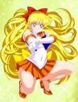  1girl aino_minako bishoujo_senshi_sailor_moon blonde_hair blue_eyes bow bowtie choker covered_navel crescent_beam elbow_gloves full_body gloves high_heels highres legs long_hair miniskirt orange_choker orange_hair orange_sailor_collar orange_skirt pirochi pleated_skirt pointing pump red_bow red_bowtie sailor_collar sailor_senshi sailor_senshi_uniform sailor_venus skirt solo squatting very_long_hair white_gloves 