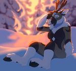  akitamonster anthro antlers breasts cervine day detailed_background eyes_closed featureless_breasts hooves horn mammal open_mouth outside reindeer sitting smile snow solo teeth 