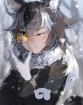  ;) animal_ears bare_tree black_hair black_jacket blazer blurry blurry_background blush closed_mouth custom_(cus-tom) depth_of_field fang fang_out fur_collar gloves grey_wolf_(kemono_friends) hair_between_eyes hand_up jacket japari_symbol kemono_friends long_hair long_sleeves looking_at_viewer multicolored_hair nose_blush one_eye_closed outdoors sleeve_cuffs smile snow snowing solo tail tree tsurime two-tone_hair upper_body wavy_hair white_gloves white_hair wolf_ears wolf_tail yellow_eyes 