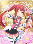  artist_request battle_girl_high_school breasts flower gloves hair_ornament hasumi_urara highres long_hair looking_at_viewer medium_breasts official_art one_eye_closed petals red_hair skirt smile solo staff thighhighs twintails weapon yellow_eyes 
