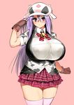  animal_print bell breasts copyright_request cow_bell cow_print gen_(black_factory) gloves hat highres huge_breasts long_hair pink_background pink_eyes pink_legwear plaid plaid_skirt purple_hair simple_background skirt solo thick_thighs thighhighs thighs unfinished 