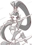  abs armor bikini_armor breasts cleavage cleavage_cutout commentary dagger dark_eldar elf large_breasts long_hair lutherniel monochrome pointy_ears ponytail shoulder_pads thighhighs warhammer_40k weapon 