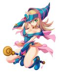  absurdres bare_shoulders blonde_hair blue_footwear blush blush_stickers boots breasts choker cleavage dark_magician_girl duel_monster full_body green_eyes hat highres large_breasts long_hair pentacle ranh smile solo staff wizard_hat yuu-gi-ou yuu-gi-ou_duel_monsters 