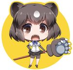  animal_ears bear_ears bear_girl bear_paw_hammer bear_paws bike_shorts black_shorts blush brown_bear_(kemono_friends) brown_eyes brown_hair chibi eyebrows_visible_through_hair full_body hand_on_hip holding holding_weapon kemono_friends long_sleeves lowres open_mouth shirt short_sleeves shorts solo standing suzuri_(tennenseki) weapon white_shirt 