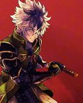  alternate_costume armor asura_(fire_emblem_if) black_hair fingerless_gloves fire_emblem fire_emblem_if gloves hashiko_(neleven) japanese_armor katana male_focus multicolored_hair red_background simple_background solo sword two-tone_hair upper_body weapon white_hair yellow_eyes 