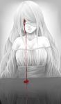  bandages bandages_over_eyes bangs bare_shoulders blood bloody_tears breasts chitekkurin cleavage collarbone covered_eyes crying dress hair_over_eyes highres large_breasts lips long_hair medium_breasts monochrome nose original parted_lips reflection solo spot_color strapless strapless_dress streaming_tears tears teeth upper_body very_long_hair 