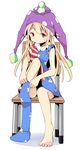  american_flag_dress american_flag_legwear bare_legs barefoot blonde_hair chair clownpiece commentary_request dress dressing full_body hat highres jester_cap long_hair mukuroi neck_ruff pink_eyes polka_dot short_dress sitting solo striped striped_dress thighhighs touhou upskirt 