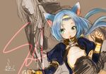  1girl :o animal_ears arm_around_waist arumat_p._thanatos blue_hair cat_ears circlet copyright_name doraeshi flat_chest gloves green_eyes long_hair meracle_chamlotte out_of_frame sepia_background size_difference star_ocean star_ocean_the_last_hope twintails 