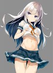  ass_visible_through_thighs bangs black_skirt blouse blush breasts closed_mouth clothes_lift eyebrows_visible_through_hair floating_hair grey_background grey_hair kavka large_breasts long_hair looking_at_viewer miniskirt navel original pleated_skirt purple_eyes school_uniform serafuku short_sleeves silver_hair simple_background skirt solo stomach thighs wavy_hair white_blouse 