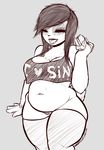  &lt;3 2016 anthro belly big_breasts black_hair breasts burger claws clothed clothing digital_media_(artwork) eating english_text eyes_closed female food hair happy hi_res legwear mammal monochrome navel open_mouth overweight partially_clothed pussy simple_background slightly_chubby sloth snowyfeline stockings text thigh_highs 