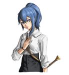 alternate_costume athenawyrm blue_eyes blue_hair fire_emblem fire_emblem:_kakusei long_hair looking_at_viewer lucina modern ponytail simple_background smile solo sword weapon white_background 