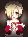  :d alternate_costume apron blonde_hair blood brown_eyes candle collarbone dress ear_clip english enmaided fire frilled_apron frills happy_birthday idolmaster idolmaster_cinderella_girls looking_at_viewer maid open_mouth plate red_dress shirasaka_koume short_hair skull sleeves_past_wrists smile solo strap_slip suzuri_(tennenseki) 