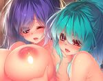  :o areolae bangs blue_hair blush breast_envy breast_grab breasts commentary_request fang grabbing grabbing_from_behind hinanawi_tenshi huge_breasts large_areolae long_hair multiple_girls nagae_iku nipples one_eye_closed open_mouth parted_lips puffy_nipples purple_hair red_eyes rukitsura sweat topless touhou v-shaped_eyebrows wince yuri 