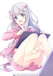  2017 angry artist_name bangs barefoot blue_eyes blush bow clouble computer dated drawing_tablet eromanga_sensei eyebrows_visible_through_hair feet frilled_sleeves frills hair_bow hands_up highres holding holding_stylus izumi_sagiri knees_together_feet_apart knees_up laptop leg_up long_hair long_sleeves looking_at_viewer low-tied_long_hair open_mouth pajamas pink_bow sidelocks silver_hair simple_background soles solo stylus toenails upper_teeth very_long_hair white_background 