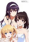  absurdres bangs black_hair black_ribbon blonde_hair blue_eyes breasts brown_eyes brown_hair cleavage closed_eyes collarbone hair_between_eyes hair_ribbon hairband hand_on_another's_shoulder highres kasumigaoka_utaha katou_megumi large_breasts long_hair looking_at_viewer medium_breasts megami multiple_girls naked_towel okuda_yoshiko ponytail red_eyes ribbon saenai_heroine_no_sodatekata sawamura_spencer_eriri simple_background smile towel twintails white_background white_hairband white_towel 