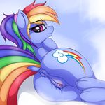  2017 anus butt cutie_mark dock equine female feral friendship_is_magic hair hi_res horse looking_at_viewer lying mammal multicolored_hair my_little_pony outside pony pussy pussy_juice rainbow_dash_(mlp) rainbow_hair smile solo twiren 